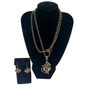 Magnolia & Vine Jewelry Long Gold Necklace Large Charm and Earrings (0261)